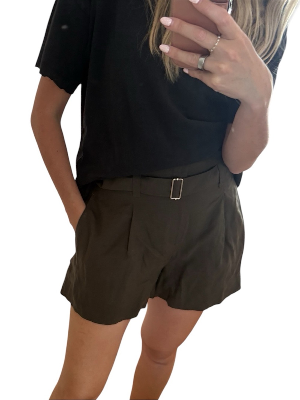 Club Monaco dark green high waisted linen blend shorts belted elastic back sz 2